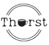 Thurst cafe logo with a cup within the title 'thurst' surrounded by a circle