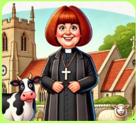 Illustration of The Vicar of Dibley standing in front of the village church