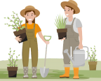 Vector graphic of a woman and man holding plants and gardening tools