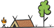 Vector graphic of a tent amongst a tree and camp fire