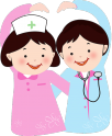 Cartoon image of a boy and girl dressed up as a doctor and nurse