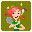 Vector graphic of woman smiling, holding kitchen utensils with vegetables