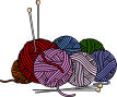 Vector graphic of balls of wool with two sets of knitting needles