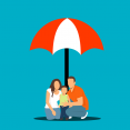 Vector graphic of mother and father kneeling with child, all under an umbrella