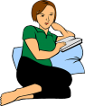 Vector graphic of woman reading book while laying on cushion