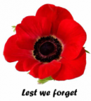 Picture of a poppy with the words "Lest we forget"