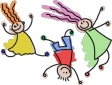 Stick figures of three children leaping and tumbling