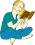 Vector graphic of young blonde woman, sitting cross-legged, reading a book